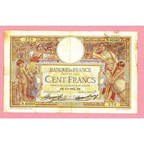 Billet De Banque Nota Banknote Bill 100 Cent Francs Banque De France Luc Olivier Merson 04/1/1934