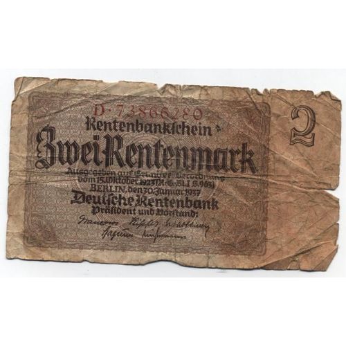 Billet De Zwei Rentenmark Daté Du 30 Janvier 1937