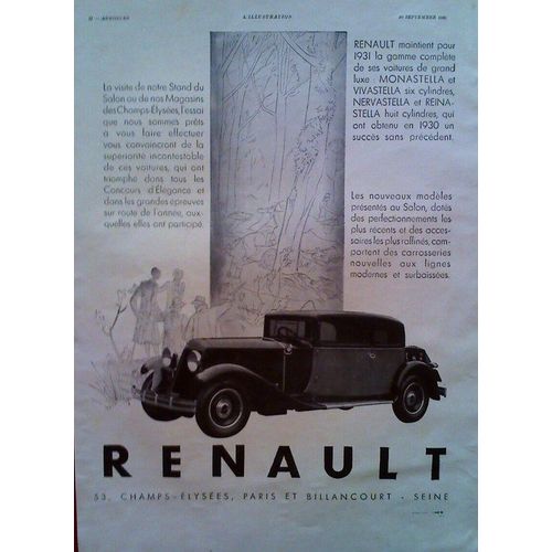 Publicite Ancienne (Septembre 1930) Pour Les Modeles 6 Et 8 Cylindres Monastella, Vivastella, Nervastella Et Reinastella De " Renault "