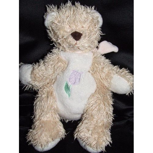 Chat Bengy Doudou Prosper Beige Brodé Fleur Mauve Écharpe Rose Peluche 25 Cms