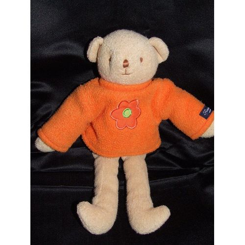Ours Trousselier Doudou Marron Beige Pull Orange Fleur Peluche 25 Cms