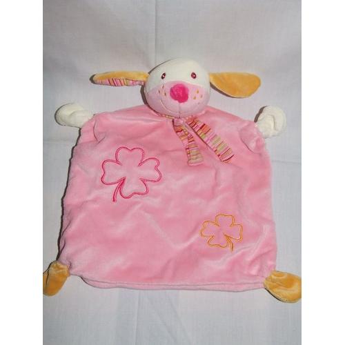 Chien Lapin Popolino Topolino Family Doudou Carré Plat Rose Fleur Trèfle Peluche Grelot