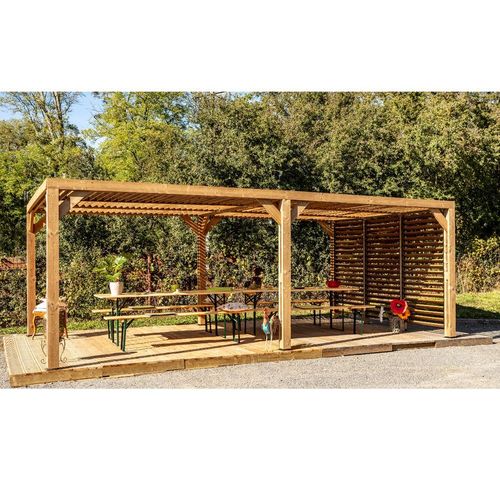Pergola Grandes Dimensions En Bois - Toit Et 1 Mur En Ventelles Mobiles - 341 X 614 Cm