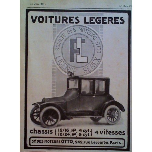 Publicite Ancienne (Juin 1912) Pour Les Automobiles " Fl " Societe Des Moteurs " Otto ", Licence " Serex ", 242 Rue Lecourbe, Paris