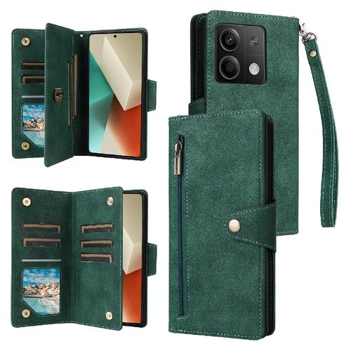 Étui Pour Xiaomi Redmi Note 13 5g Cuir Magnétique Titulaire De La Carte Couverture De Portefeuille De Fermeture Éclair Avec Dragonne - Vert