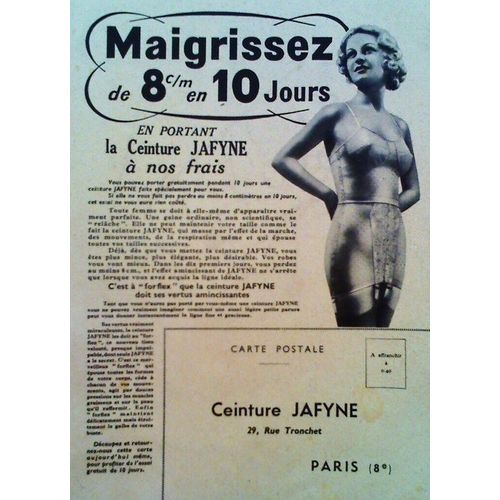 Publicite Ancienne Recto-Verso (Annees 1930) Pour La Ceinture Amaigrissante " Jafyne " Et Une Offre D'essai Gratuite De 10 Jours