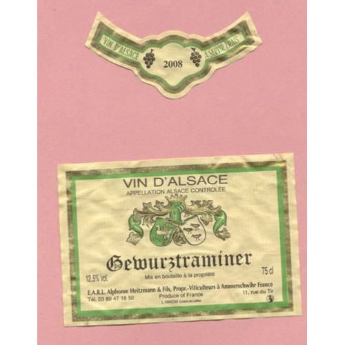 Lot 2 Etiquettes Vin D'alsace Set Of 2 Wine Labels Rótulos Vinho Gewurztraminer 2008 Ammerschwihr France