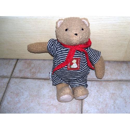 Ours Peluche 33 Cm -  Combinaison Rayee Marine - Bandana Rouge