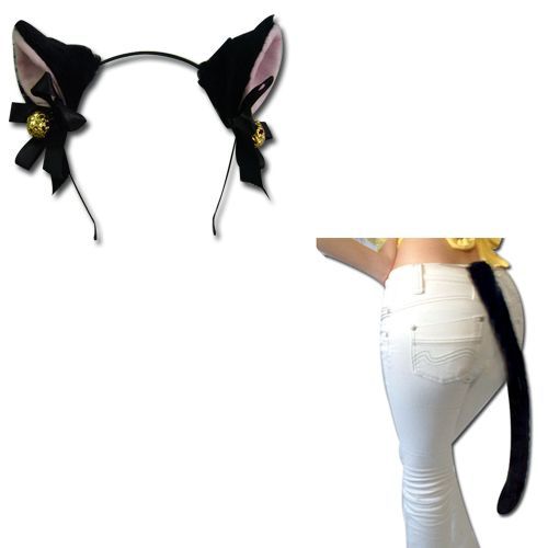 Oreille Chat Noir Clochette Dorée Serre Tête + Une Queue Noir Chat (Grande Taille) Sert Tête Barrette Black Sugar Cosplay Costume Déguisement Soirée