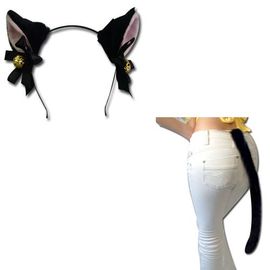 Oreille Chat Noir Clochette Dorée Serre Tête + Une Queue Noir Chat (Grande Taille) Sert Tête Barrette Black Sugar Cosplay Costume Déguisement Soirée