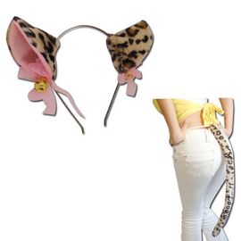 Oreille Chat  Couleur Panthere Clochette Dorée Serre Tête + Une Queue Chat Couleur Panthere (Grande Taille) Sert Tête Barrette Black Sugar Cosplay Costume Déguisement Soirée