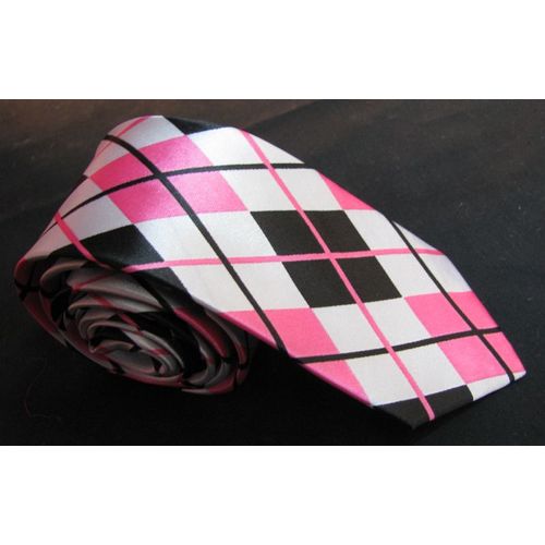 Cravate Fine Rayé Rose Noir Blanc Carreau