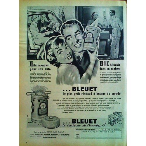 Publicite Ancienne (Decembre 1956) Pour Le " Bidon Bleu Camping Gaz : Bleuet " Et Son Petit Rechaud A Butane