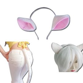 Oreille Chat En Serre Tête Blanc + Une Queue En Peluche 55 Cm Pour Cosplay Costume Déguisement Barrette