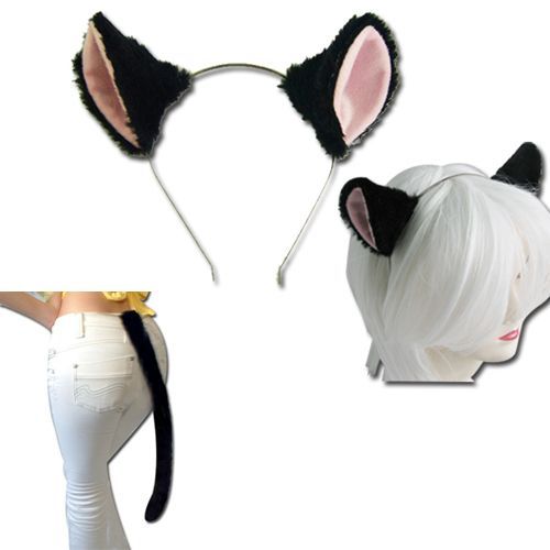 Oreille Chat En Serre Tête Blanc + Une Queue En Peluche 55 Cm Pour Cosplay Costume Déguisement Barrette