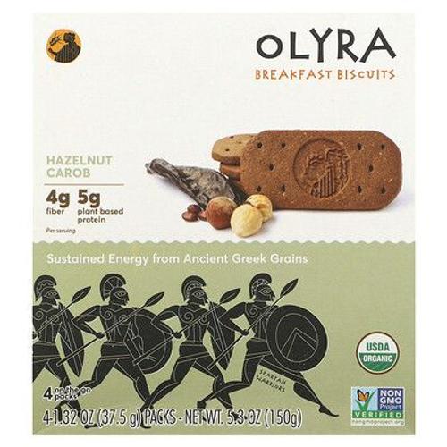 Olyra Biscuits Biologiques Pour Le Petit-Déjeuner, Noisette Et Caroube, 4 Paquets De 37,5 G Chacun