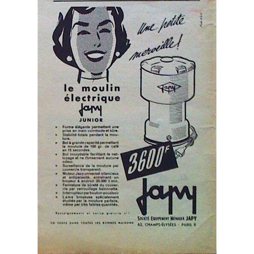 Publicite Ancienne (Novembre 1956) Pour Le Moulin A Cafe Electrique " Japy Junior "