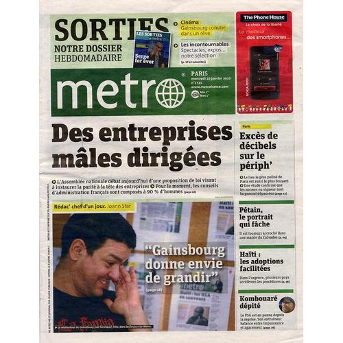 N° 1721 : Metro Du 20 Janvier 2010 Marie-Jo Zimmermann Ioulia Timochenko Joann Sfar Serge Gainsbourg Eric Elmosnino Joel Cohen Ethan Gallienne Yannick Soulier Gasquet