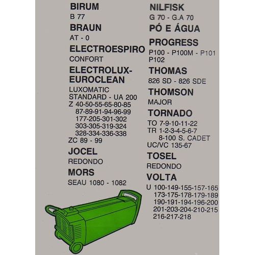 Menalux T43 - Sac aspirateur BIRUM B77 - BRAUN AT-0 - ELECTROLUX  LUXOMATIC - JOCEL REDONDO - MORS SEAU - NILFISK - PO E AGUA - PROGRESS - THOMAS - THOMSON MAJOR - TORNADO - TOSEL  - VOLTA
