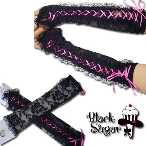 Mitaine Long Noir Dentelle Lolita Japonais Émo Gothique Gant Lacet Rose