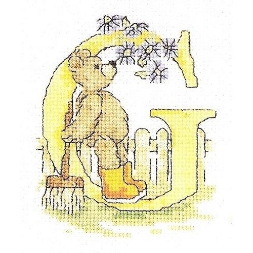 Grille Point De Croix "Initiale G / Ours, Jardin, Fleurs"