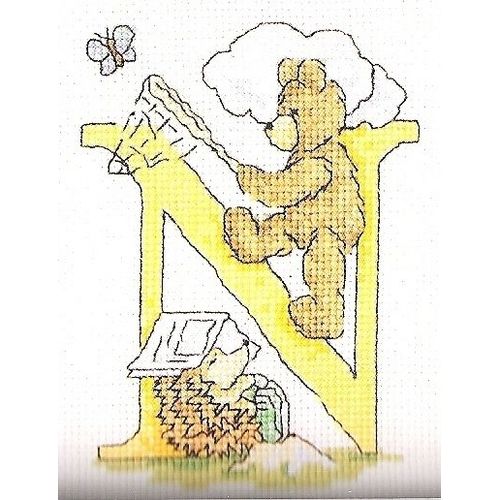Grille Point De Croix "Initiale N / Ours, Chasse Au Papillon, Sieste"