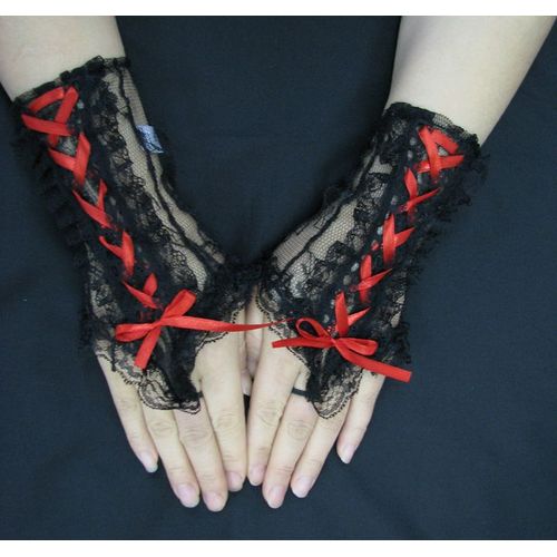 Mitaine Court Noir Lolita Émo Dentelle Lacet Rouge Gothique Punk