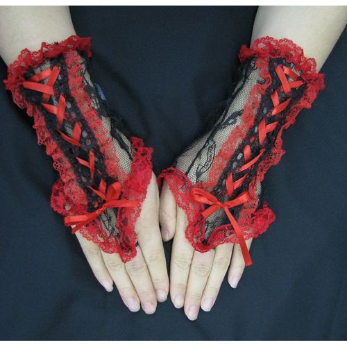 Mitaine Court Noir Lolita Émo Dentelle Rouge Lacet Rouge Gothique Punk