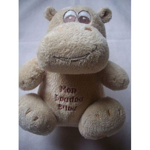 Hippopotame Doudou Orchestra Peluche Mon Doudou Bilou  Assis  Beige Marron 21 Cm  Coeur Sur Les Pattes