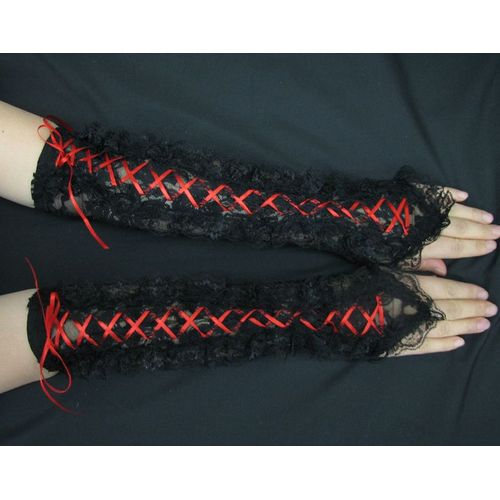 Mitaine Long Noir Dentelle Lolita Japonais Émo Gothique Gant Lacet Rose