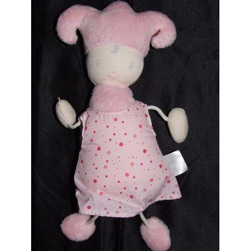 Lutin Poupee Corolle Doudou Peluche Fee Rose Robe Pois Ficelle Grelot 28 Cm