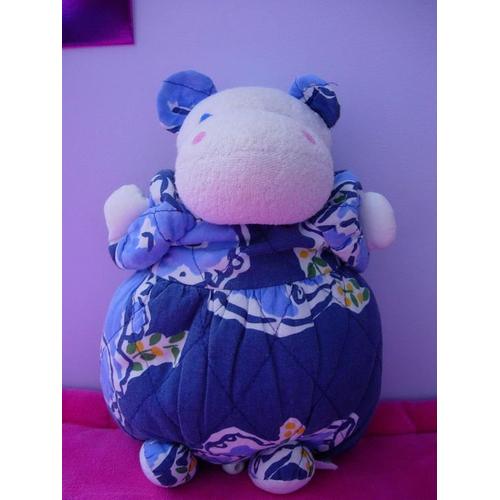 Hippopotame Bleu Fleuri Boîte À Musique Sucre D'orge 25 Cm Environ