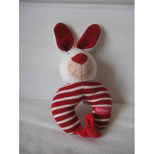 Hochet Lapin Babysun Grelot Rayé Rouge Et Blanc 19cm