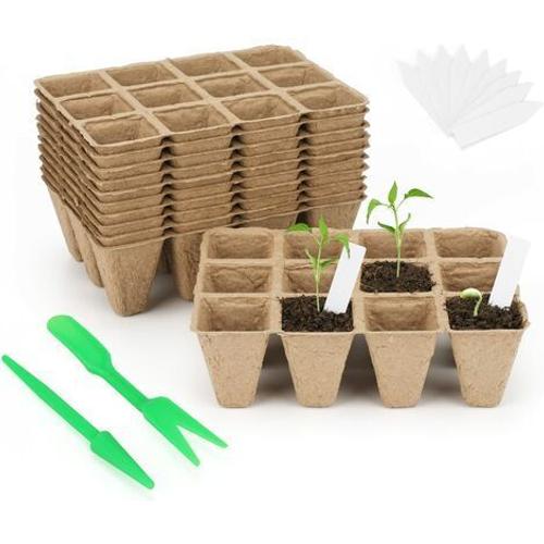 10 Paquets de 120 cellules Pots de graines dégradables Pots de graines en Fibre pour semis avec 100 Morceaux de Bouchons de Plantes en Plastique et Outils pour déterrer Les transplanes