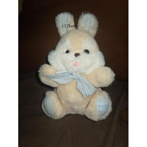 Doudou Peluche Lapin Nounours Créme Et Noeud Vicjy Bleu 23cm Sans Ses Oreilles.