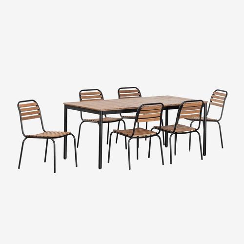 Ensemble Table Rectangulaire (160x90 Cm) Et 6 Chaises De Salle À Manger Empilables En Acier Et Bois D'acacia Artus Noir