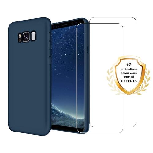 Coque Samsung Galaxy S8 Silicone Liquide Bleu Marine + 2 Vitres En Verre Trempé Protection Écran Antichocs Evetane