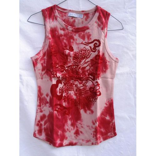 T-Shirt  "Zara Trf ", Motif Rouge Délavé, Ras Cou, Sans Manches, Taille M
