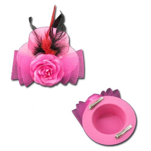 Bibi Mini Petit Chapeau  Fleur Plume Noir Rose Barrette Pince Cheveux