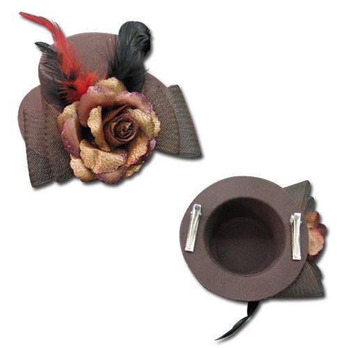 Bibi Mini Petit Chapeau  Fleur Plume Noir Rose Barrette Pince Cheveux