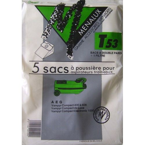 Menalux T53 - 5 sacs aspirateur + 1 filtre pour AEG vampyr compact 400 à 406 , compact de luxe , compact electronic 1000