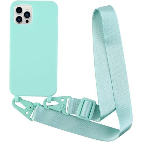 Coque Compatible Avec Iphone 13 Pro Max(6.7) Silicone Avec Cordon Case,Couleurs De Bonbons Cover Silicone Antichoc,Coque Protection Camera Antichoc Avec Cordon Reglable Telephone Case.-Turquoise