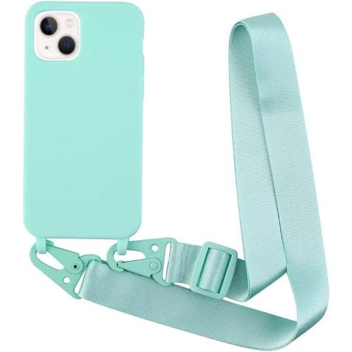 Coque Compatible Avec Iphone 14 Plus(6.7) Silicone Avec Cordon Case,Couleurs De Bonbons Cover Silicone Antichoc,Coque Protection Camera Antichoc Avec Cordon Reglable Telephone Case.-Turquoise