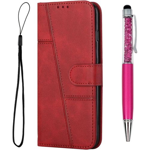 Etui Portefeuille Concu Pour Iphone 15 Pro Max | Etui A Rabat Magnetique En Cuir Avec Emplacements Pour Cartes | Coque Interieure En Tpu | Dragonne Antiderapante Antichoc Avec Stylet | Rouge