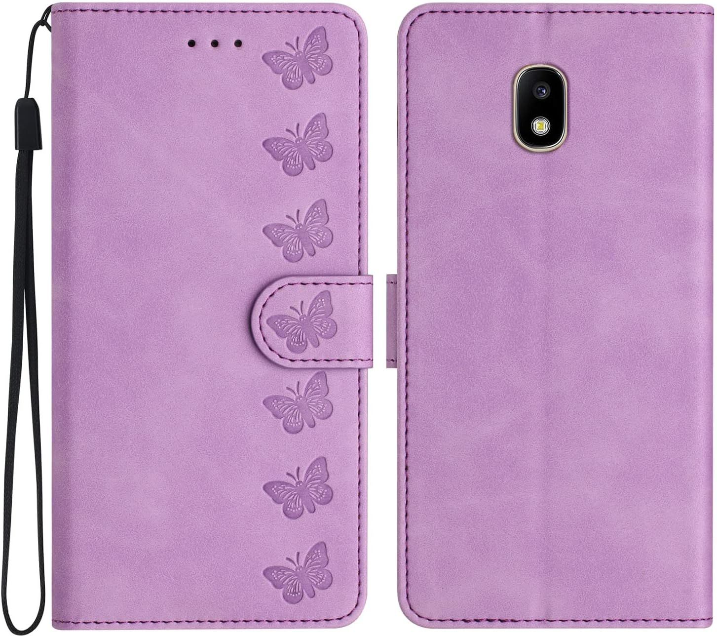 Etui De Protection Pour Samsung Galaxy J5 2017 - Motif Papillon 3d Gaufre - En Cuir De Qualite Superieure - Avec Compartiment Pour Cartes - Fonction Support - Violet