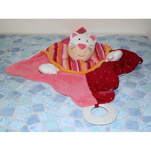 Chat  Doudou Plat Anneau Dentition Attache Tetine Rose Rouge Orange Babysun