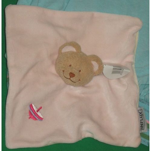 Doudou Ours Plat Carré Jaune Et Rose Toupie Brodée Influx