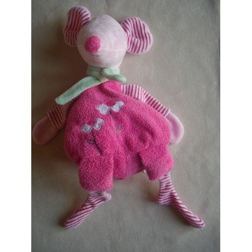 Doudou Souris Cp International Aloha Peluche  Rose Rayé Fleur Brodée 32 Cm