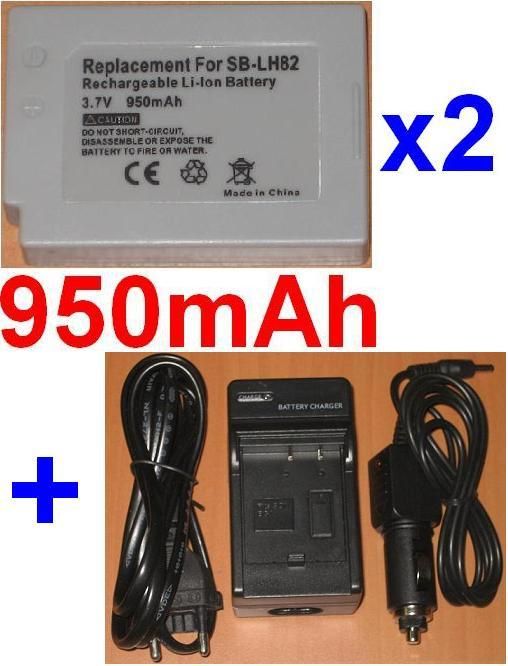 Chargeur + 2 Batteries Pour Samsung SB-LH82 SBLH82, SDC-MS21B, SDC-MS21S, VP-MS10, VP-MS10BL, VP-MS10R, VP-MS10S, VP-MS11, VP-MS11BL, VP-MS11R VP-MS15BL, VP-MS15R, VP-MS15S **950mAh**