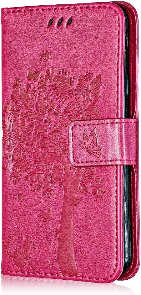 Coque Pour Iphone Xs, Coque Pour Iphone X/10, Etui En Cuir Pu Portefeuille, Antichoc Flip Case Housse R¿¿Tro Emboss S¿¿Rie De Chat Et D'arbre Pour Iphone Xs/X/10 - Rose Vif